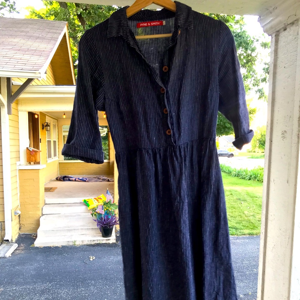 Pyne & Smith Model No. 22 Navy Blue 100% Linen Shirt Dress, size small